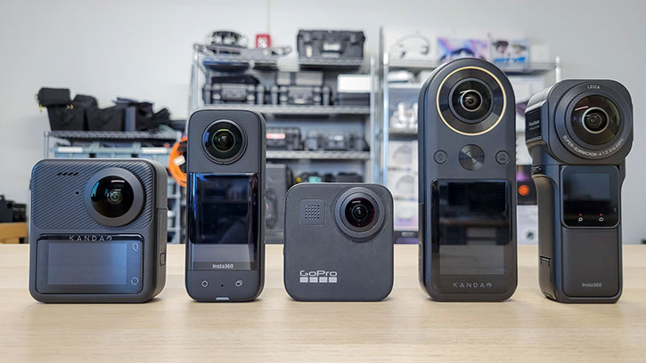 From right to left: Qoocam 3, Insta360 One X3, GoPro MAX, Qoocam 8K, Insta360 1-inch