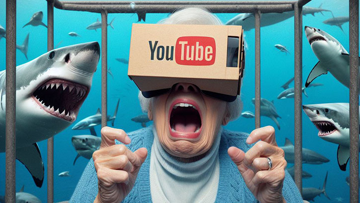 Grandma in the Shark Tank with a Google Cardboard