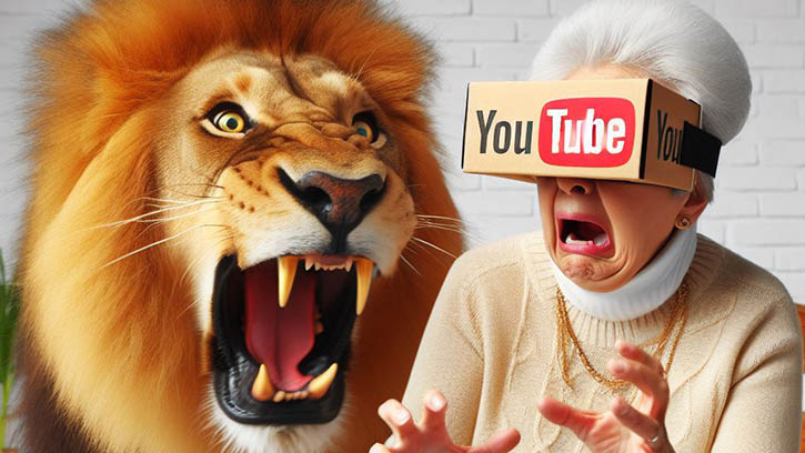 Grandma being roared at by a lion in Google Cardboard